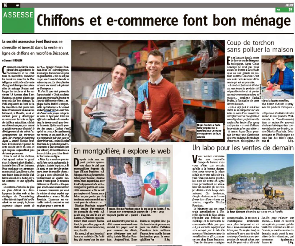 E-net Business, société de la région namuroise, se diversifie et investi dans le site e-commerce Aqua Clean Concept. Nicolas Pourbaix et Sacha Peiffer nous en parlent.