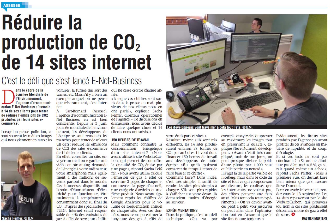 E-net Business, société d'e-communication située à Assesse collabore avec 14 de ces clients afin de diminuer la production de CO² de leur site e-commerce.