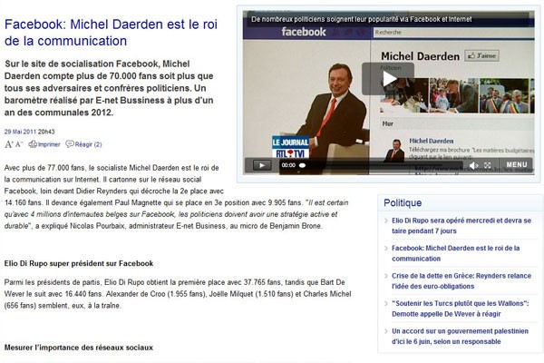 Facebook: Michel Daerden est le roi de la e-communcation sur RTL Info