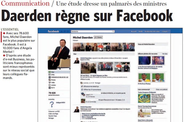 Une étude dresse un palmarès des politiques et Facebook, dans le journal Le Soir (2011)